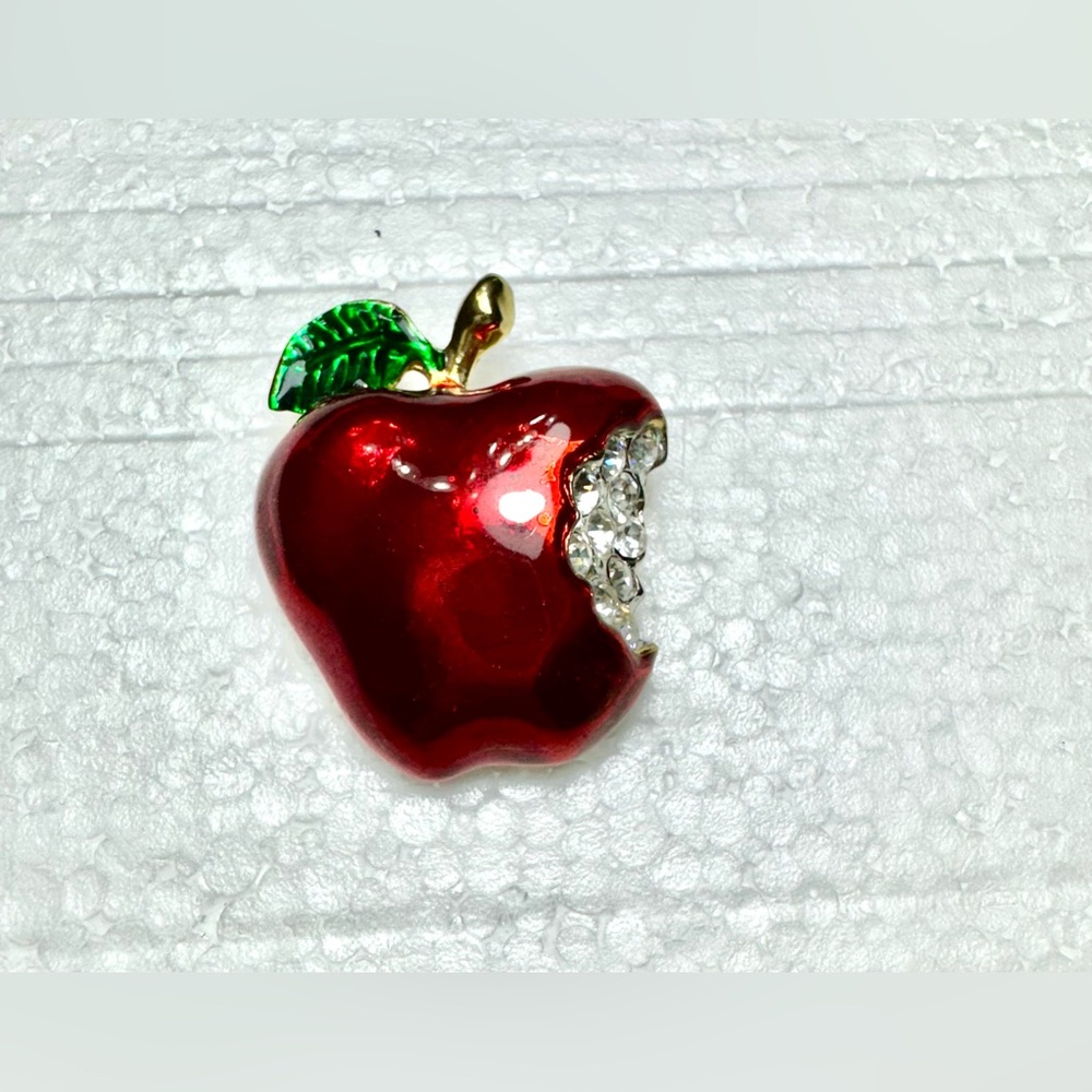 Red Apple Brooch with Green Leaf and Rhinestones Monet